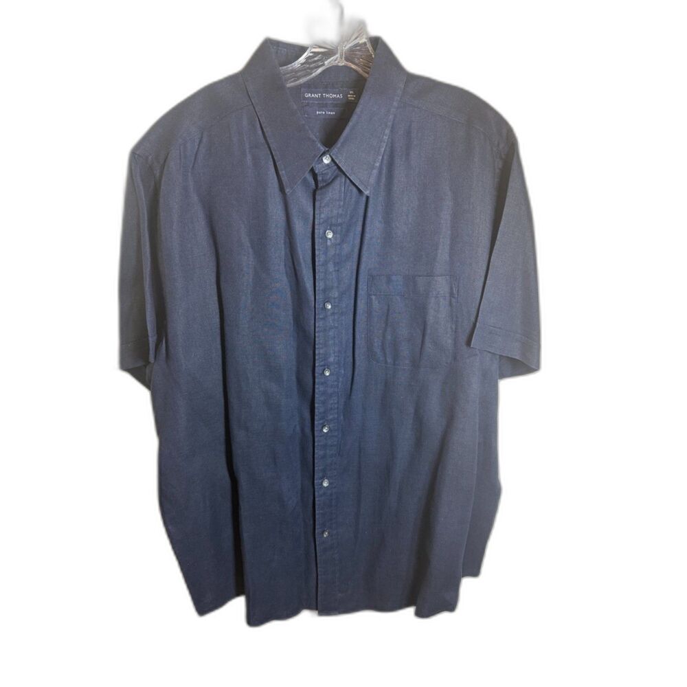 Grant Thomas Men’s XXL Pure Linen Navy Blue Short Sleeve Button Up Shirt